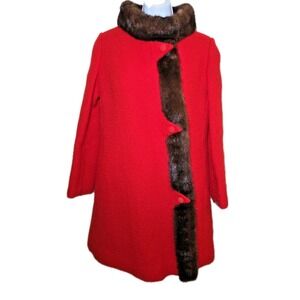 Vtg 1950s Joseph R Harris Swing Cape Coat Red‎ Fur Trim Diagonal Faceted Buttons